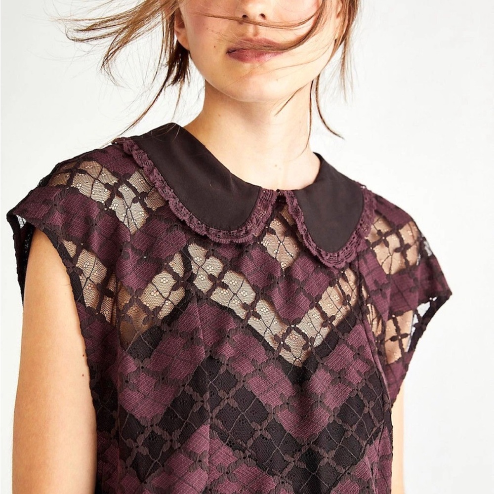 Free People Plum Lace Overlay Top with Peter Pan Collar. Size Small